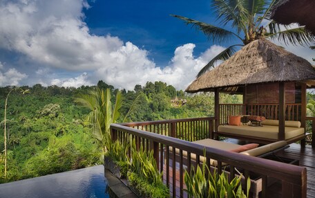 A wooden deck with a thatched-roof structure, a pool, and lush greenery.