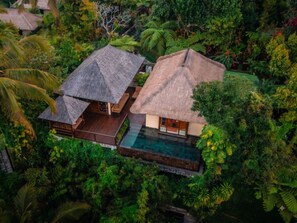 Uma cabana com telhado de palha, rodeada por vegetação tropical exuberante.