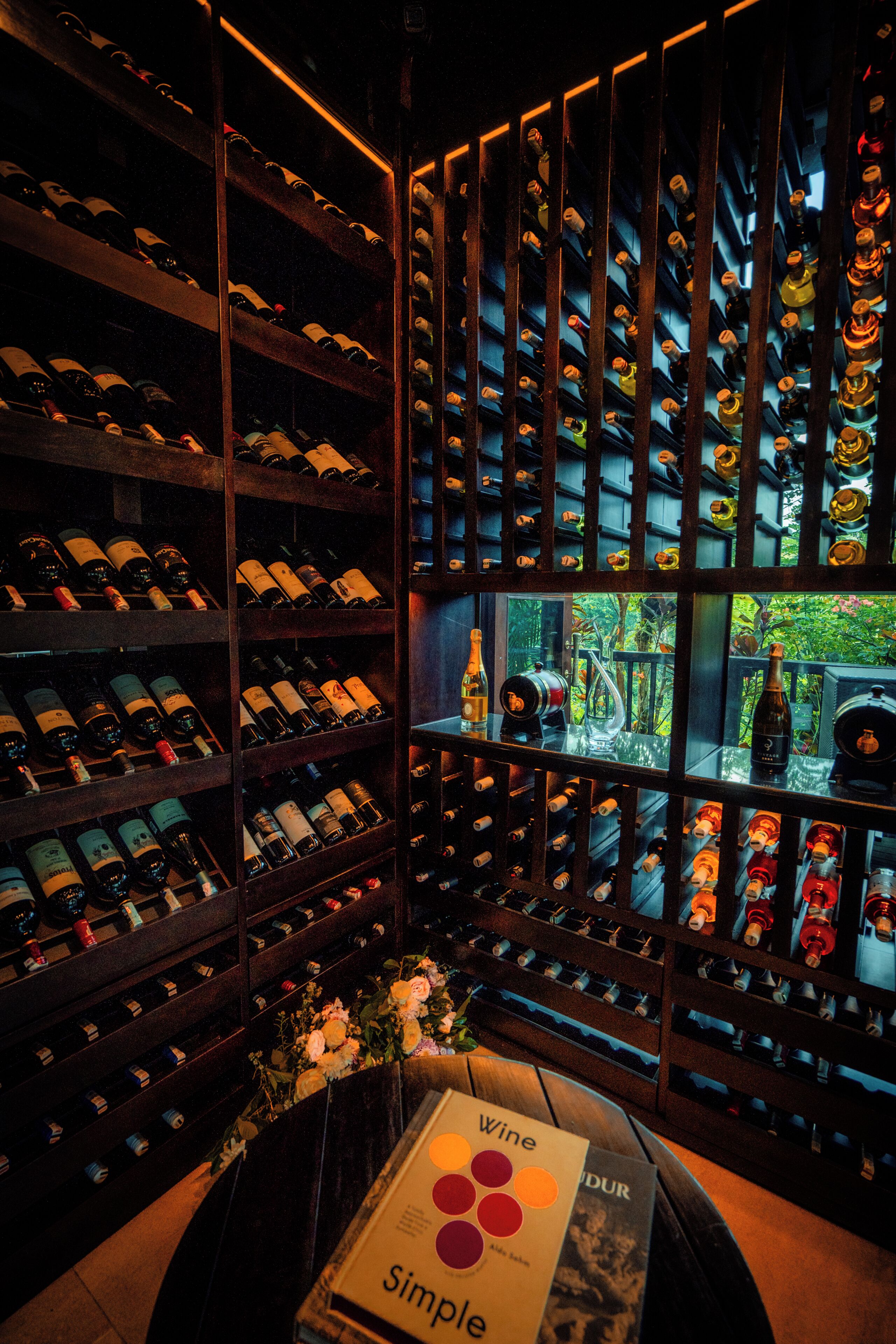 A wine cellar with shelves of wine bottles, a glass display case, and a book titled 'Wine Simple.'