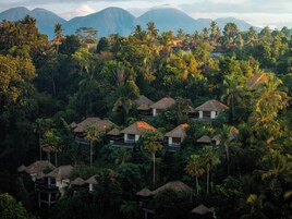 A resort with thatched-roof bungalows nestled among lush greenery and mountains in the background.