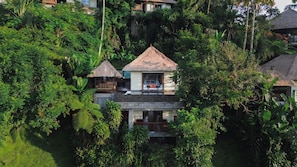 A bungalow with a thatched roof, surrounded by dense tropical foliage.