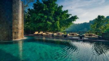 Outdoor pool, pool umbrellas, pool loungers