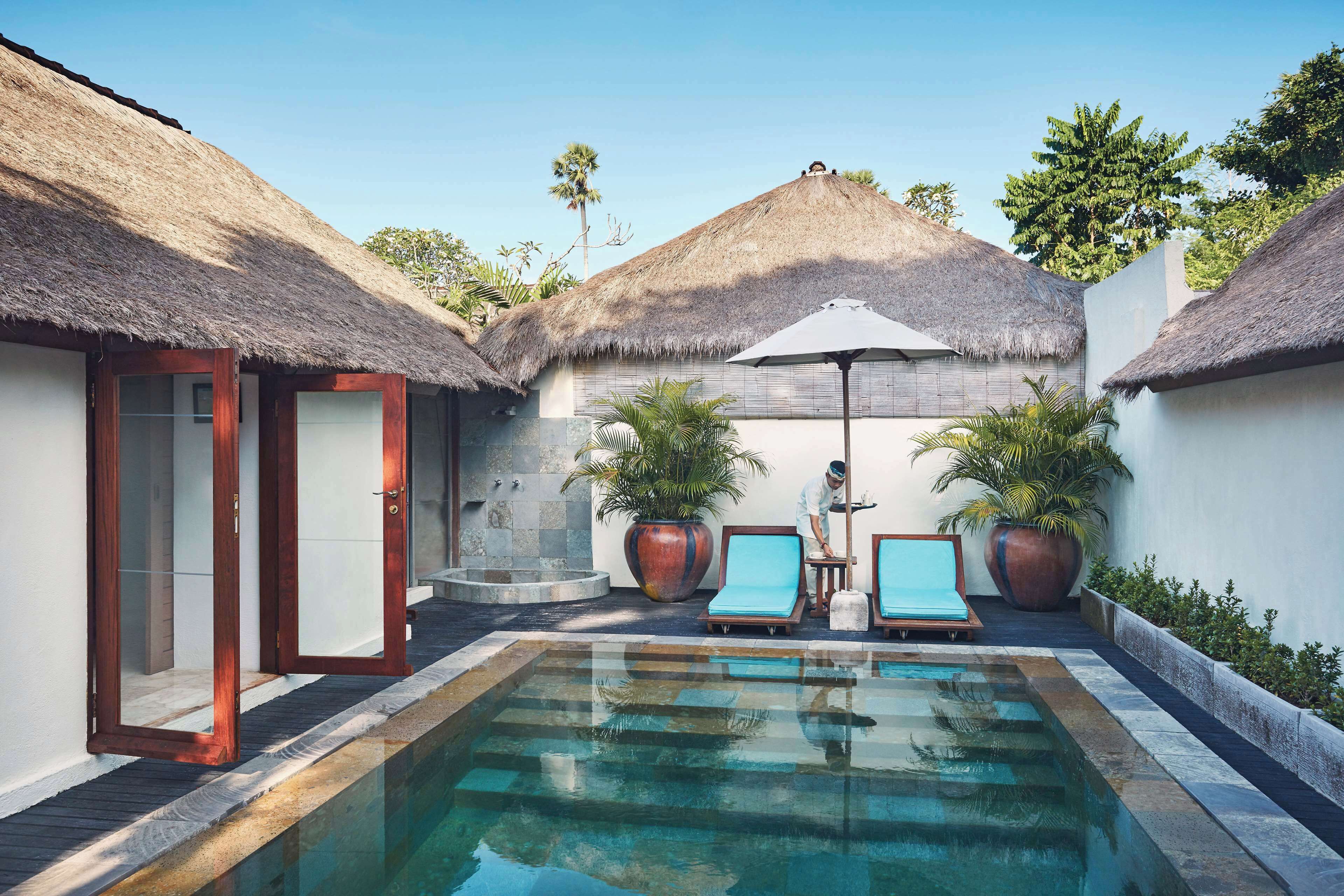 A pool area with a thatched-roof structure, lounge chairs, and potted plants.