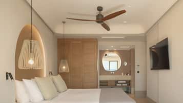 Un dormitorio moderno con una cama grande, armario de madera, ventilador de techo, lámparas colgantes y televisor.