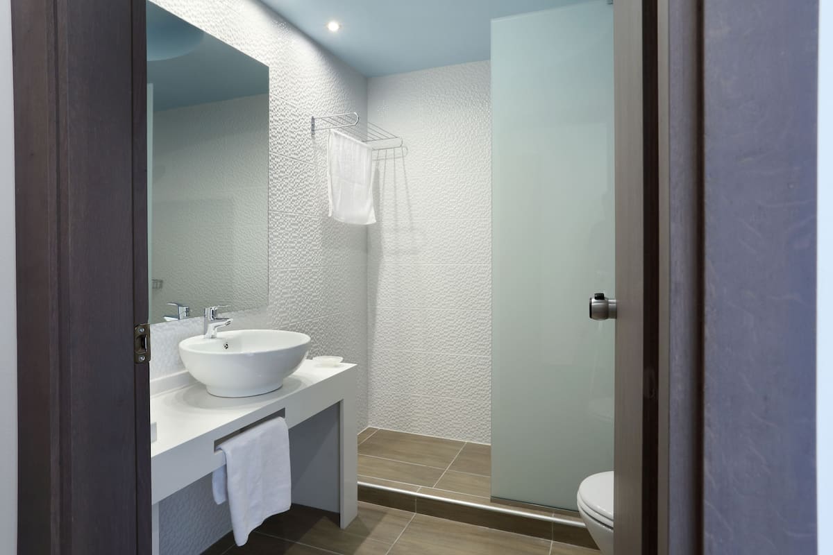 A modern bathroom with a white sink, a mirror, and a glass shower enclosure.