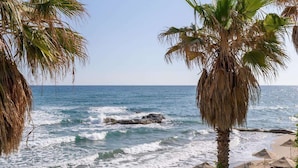 A beach with palm trees, ocean waves, and beach chairs. - Star Beach Village and Water Park (Hersonissos)