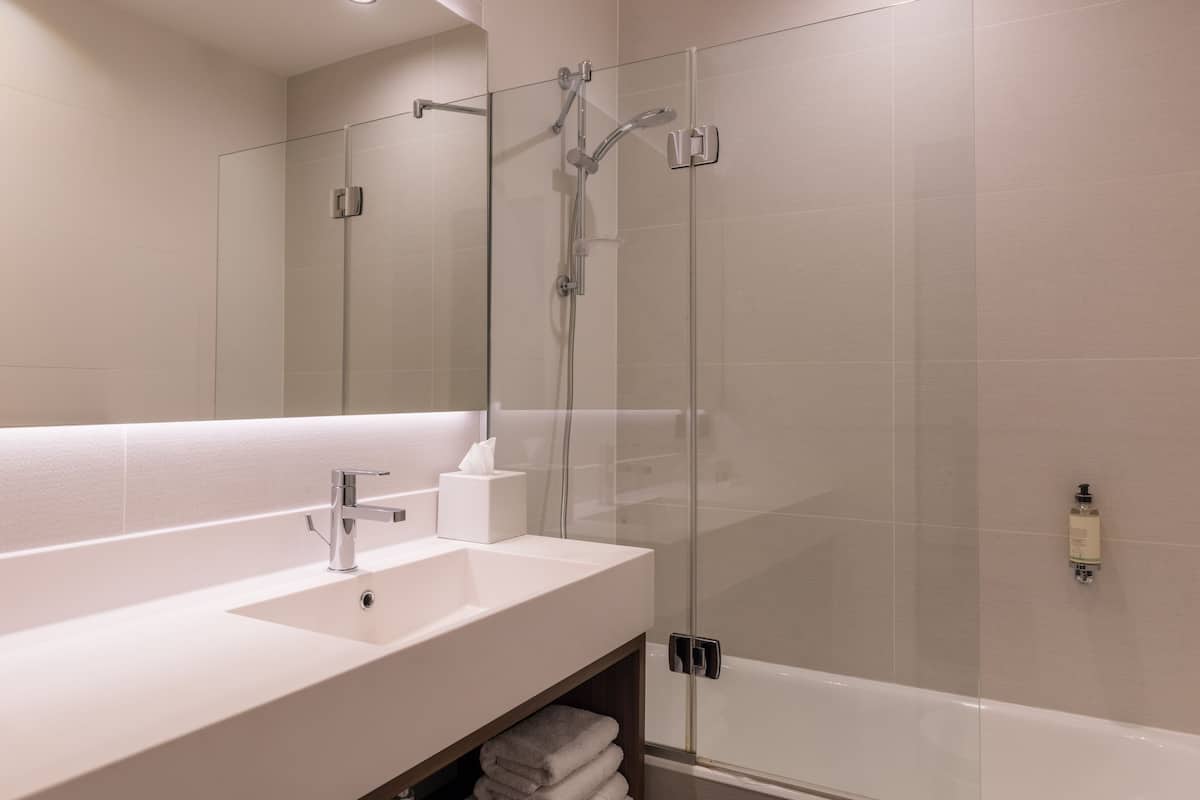 standard room, 1 double bed, non smoking | bathroom | rainfall showerhead, hair dryer, towels