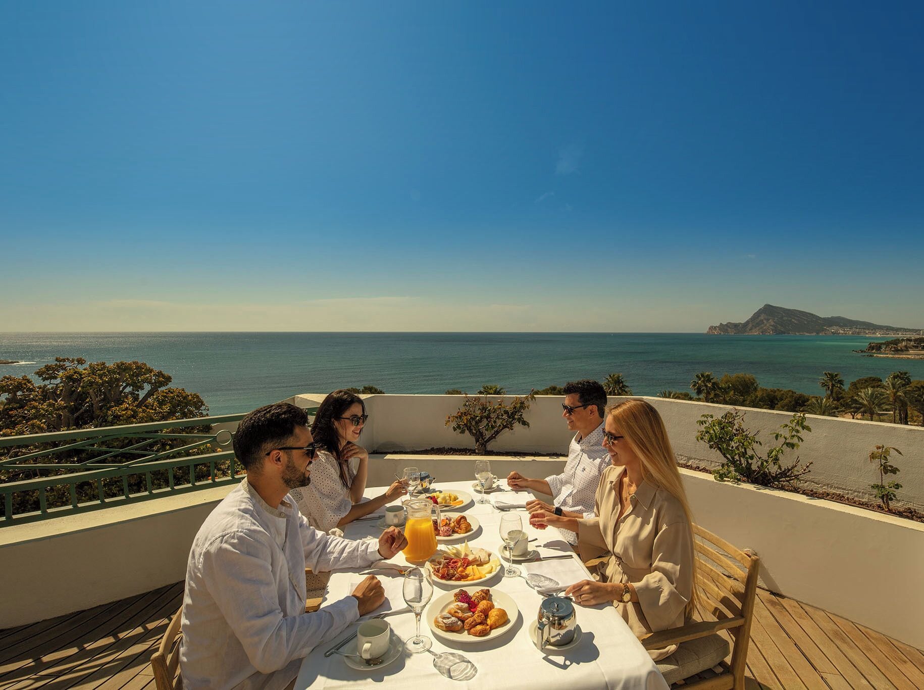 A group of people dining at an outdoor table with a view of the sea and a mountain in the distance.