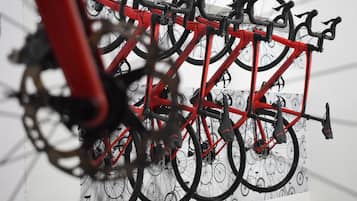 Un aparcamiento para bicicletas rojo con varias bicicletas estacionadas.