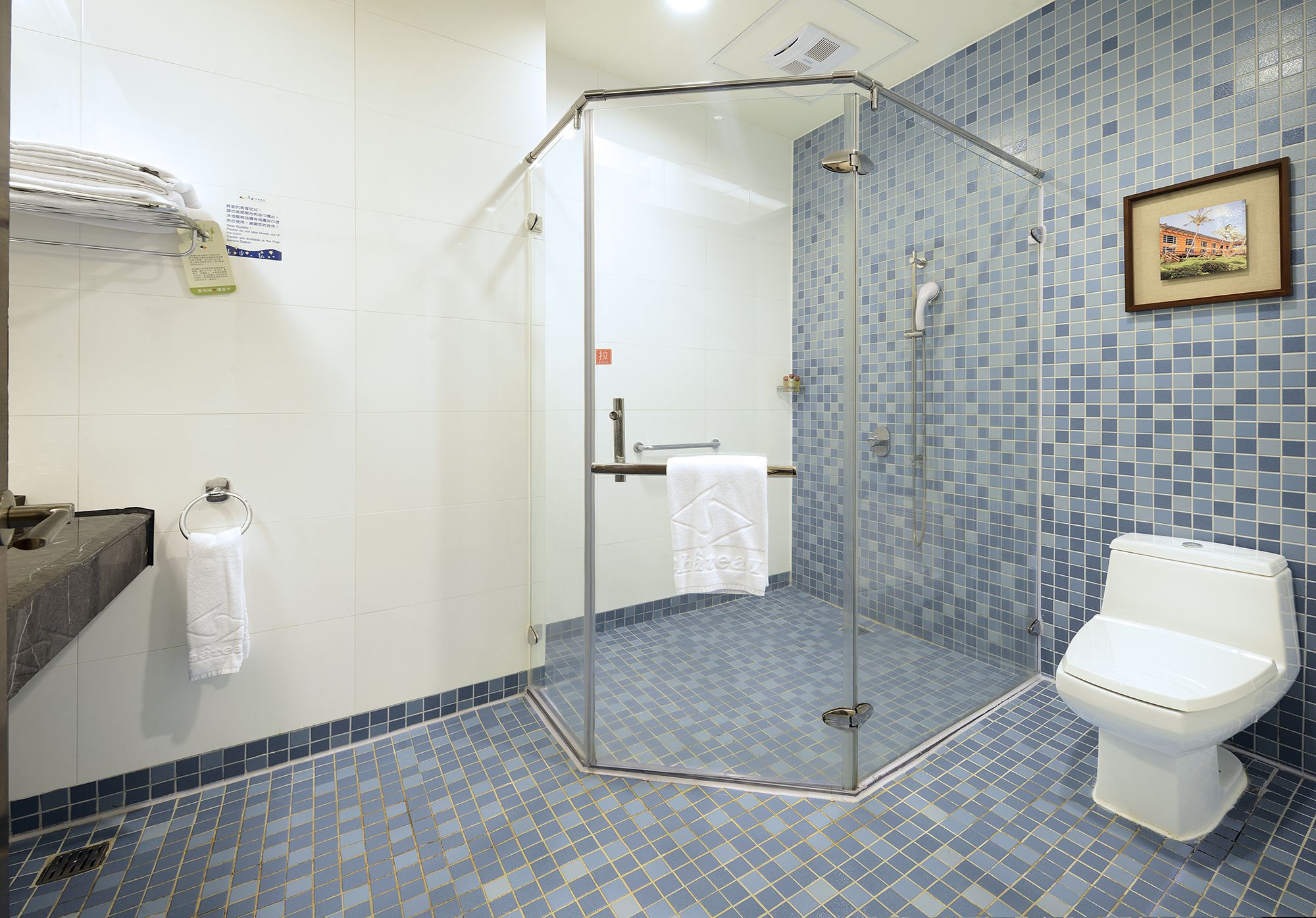 Un baño con ducha de vidrio, inodoro y lavamanos, con una toalla colgada en la pared.