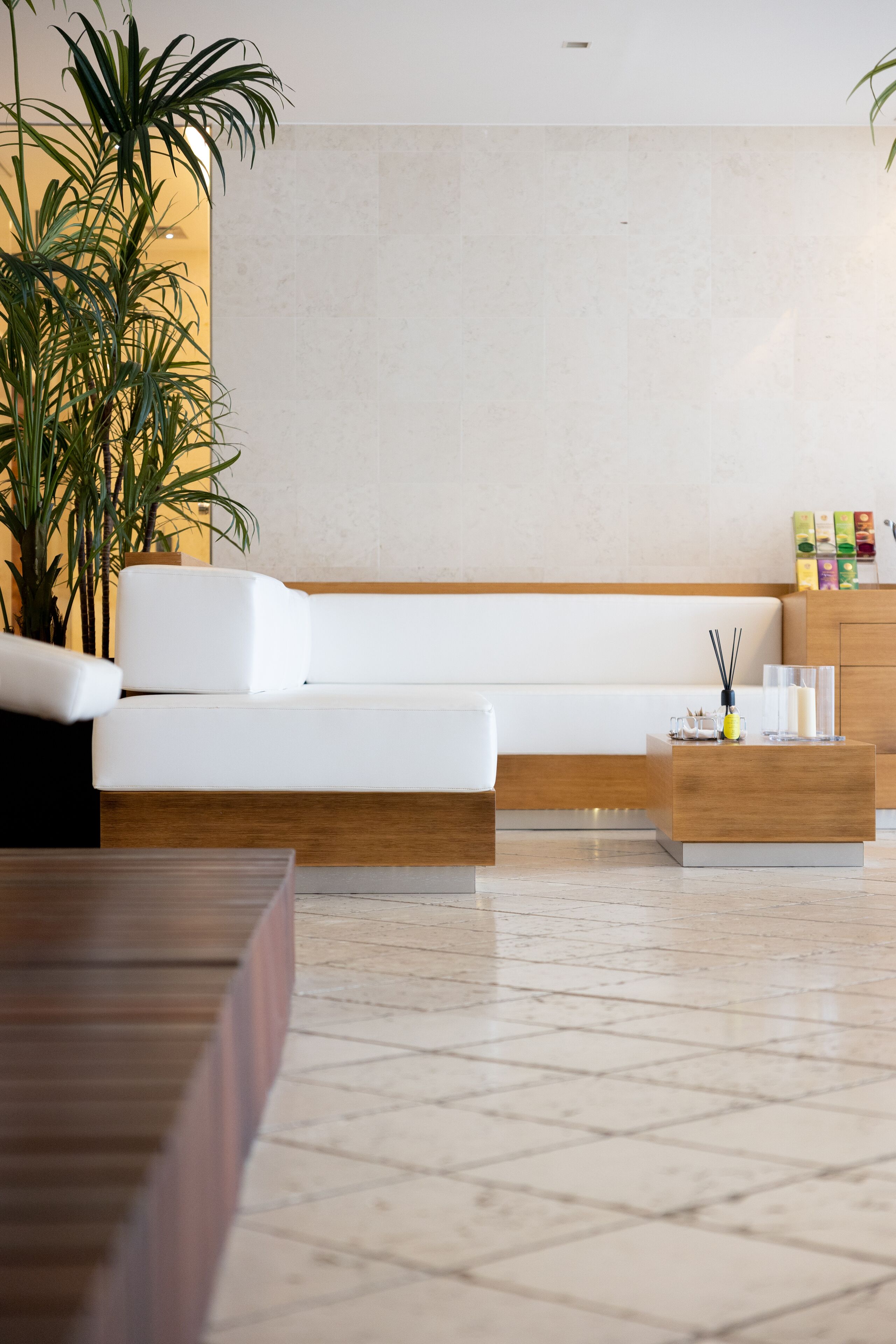 Um lobby moderno e minimalista com um sofá branco, mesinhas de madeira e uma grande planta em vaso.