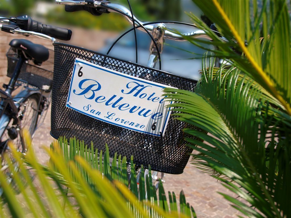 A hotel sign labeled "Hotel Bellvue San Lorenzo" mounted on a bicycle.