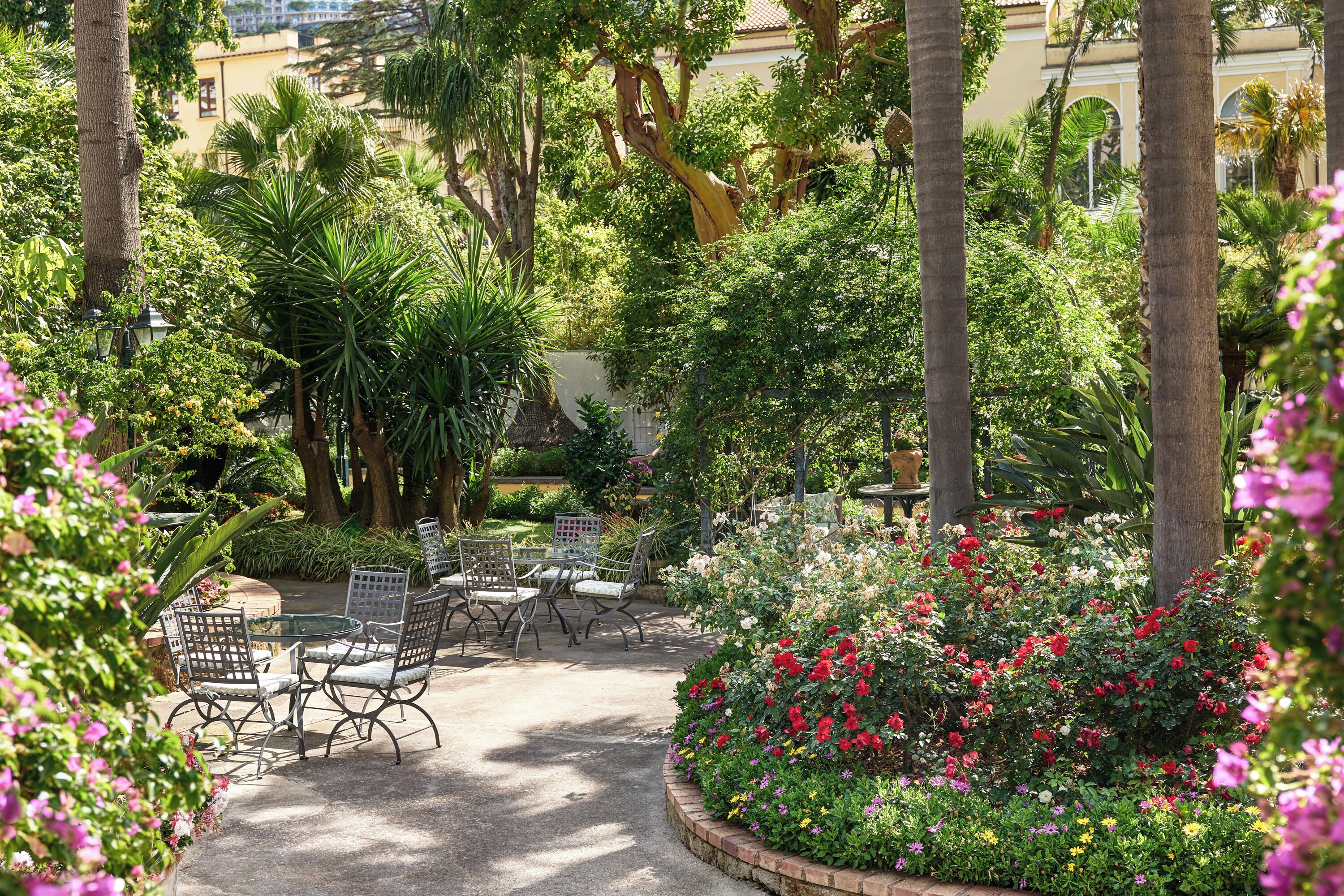 A garden with a seating area, surrounded by lush greenery and flowering plants.