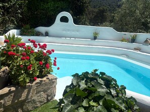 A swimming pool with a white wall and a rock feature.
