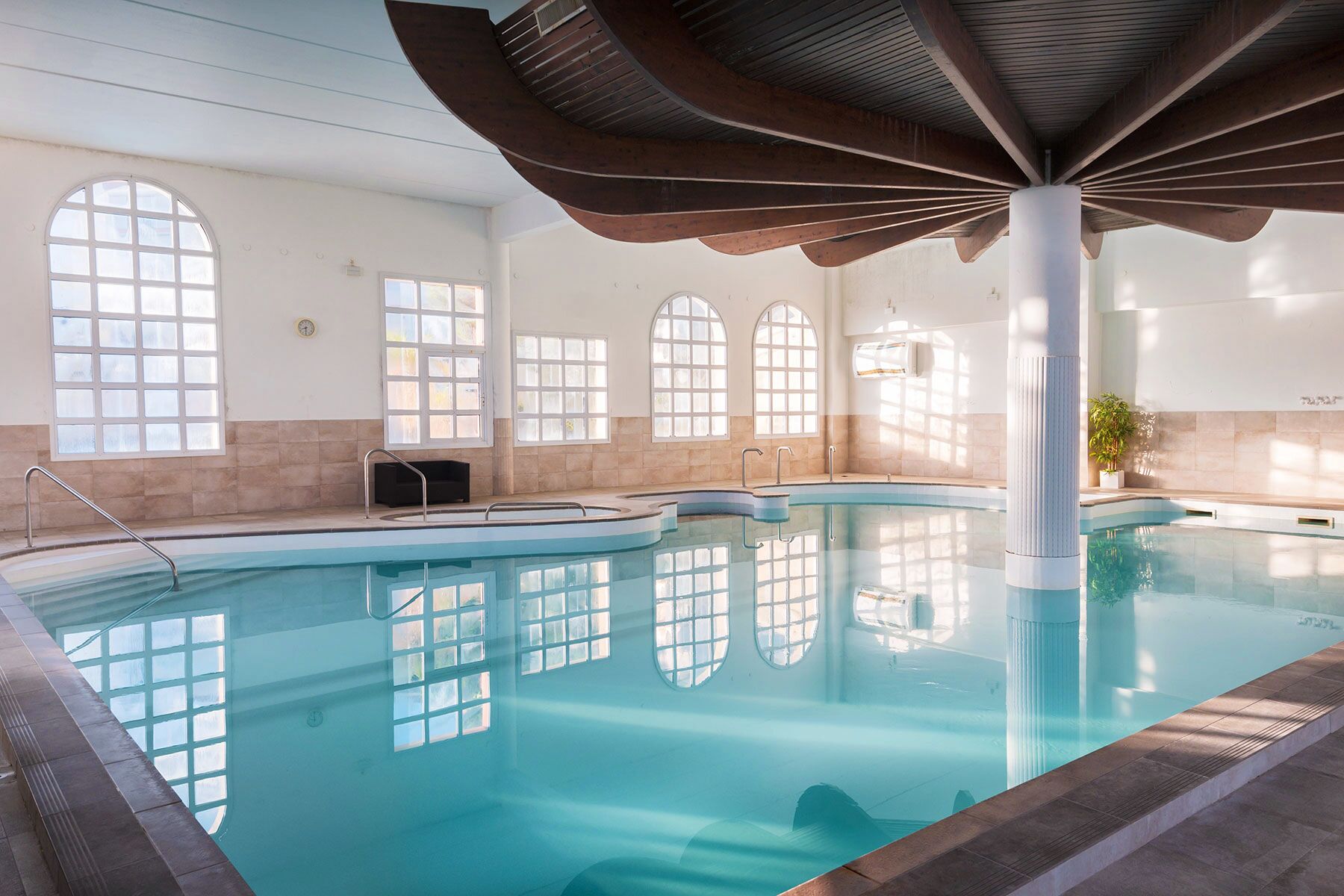 Indoor pool, outdoor pool, open 9:00 AM to 6:30 PM, pool loungers