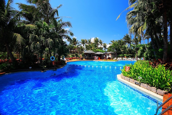 Outdoor pool, pool umbrellas, pool loungers