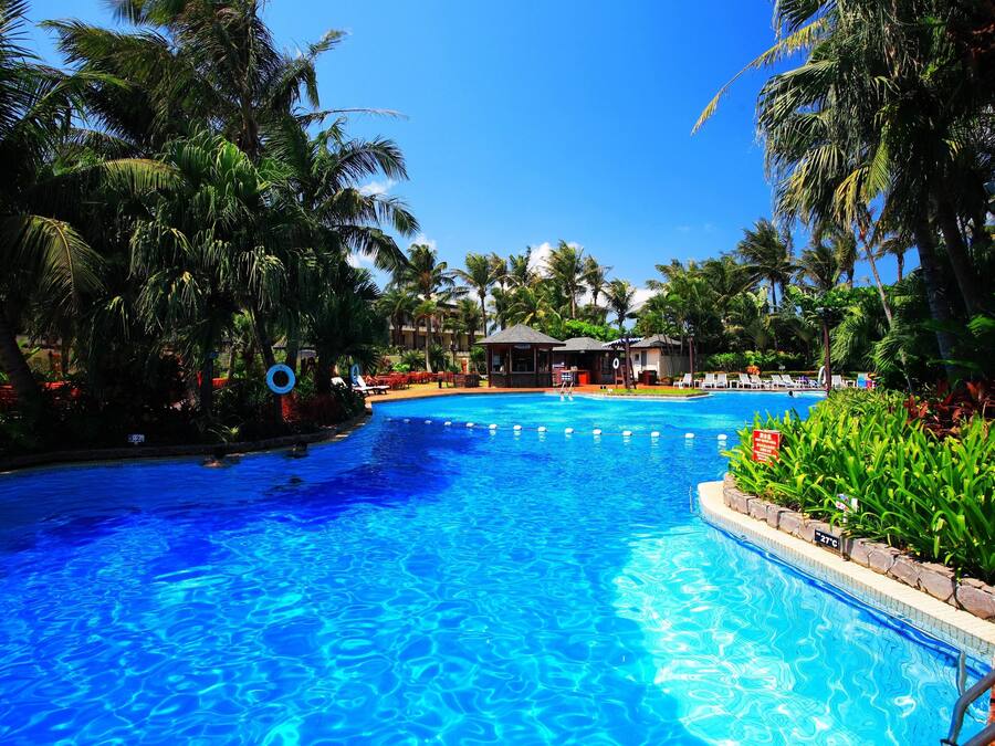 Outdoor pool, pool umbrellas, sun loungers