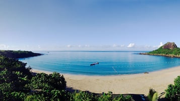 On the beach, sun loungers, beach umbrellas, beach towels