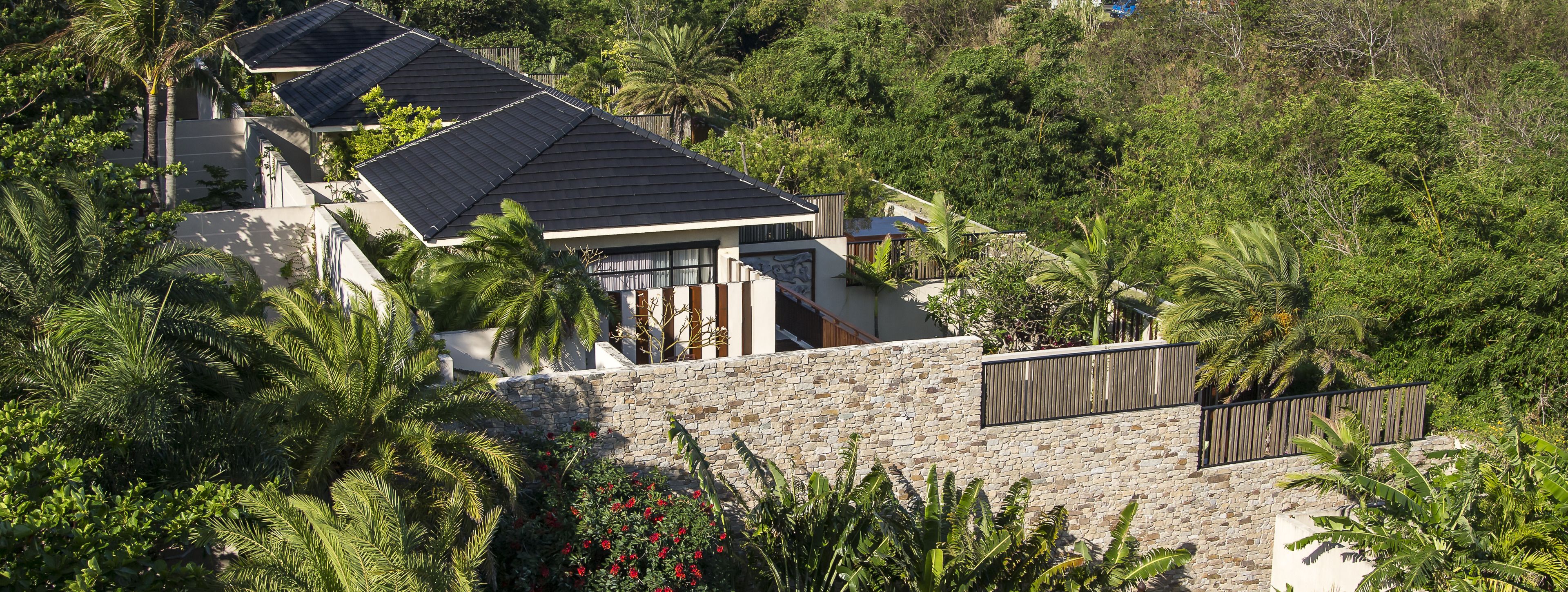 A modern house with a stone wall, surrounded by lush greenery and palm trees.