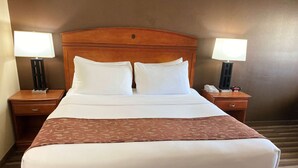 A hotel room with a large bed, two bedside tables with lamps, a wooden headboard, and a patterned throw blanket.