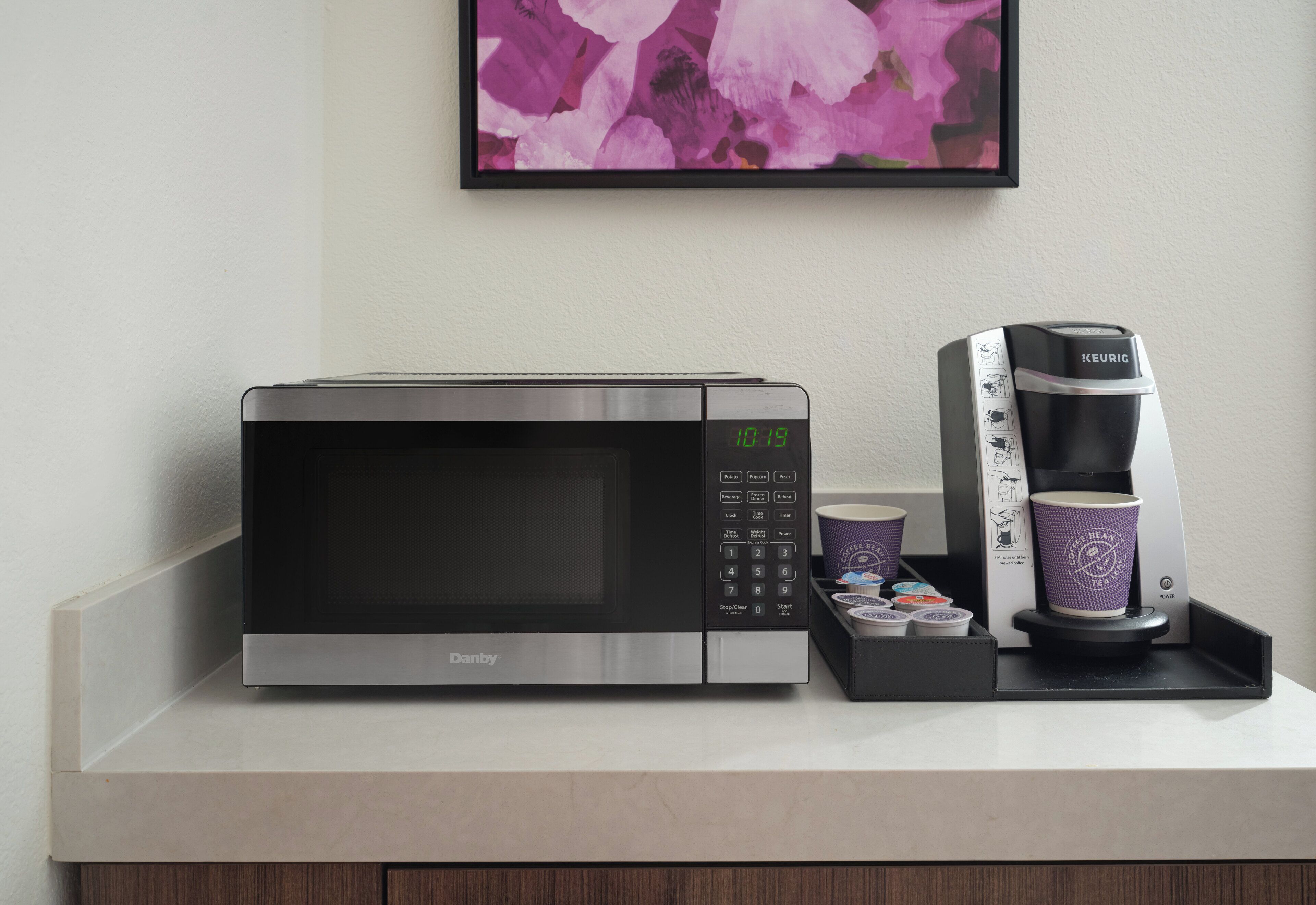 A microwave and coffee maker on a countertop with a framed floral picture above.