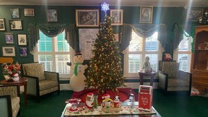 Un salon chaleureux avec un sapin de Noël, un bonhomme de neige et une figurine du Père Noël. Les murs sont ornés de tableaux encadrés, il y a une cheminée et une fenêtre avec des stores.