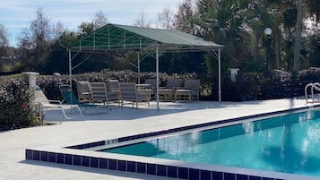 Une piscine dotée d’un espace de repos couvert et de chaises longues.