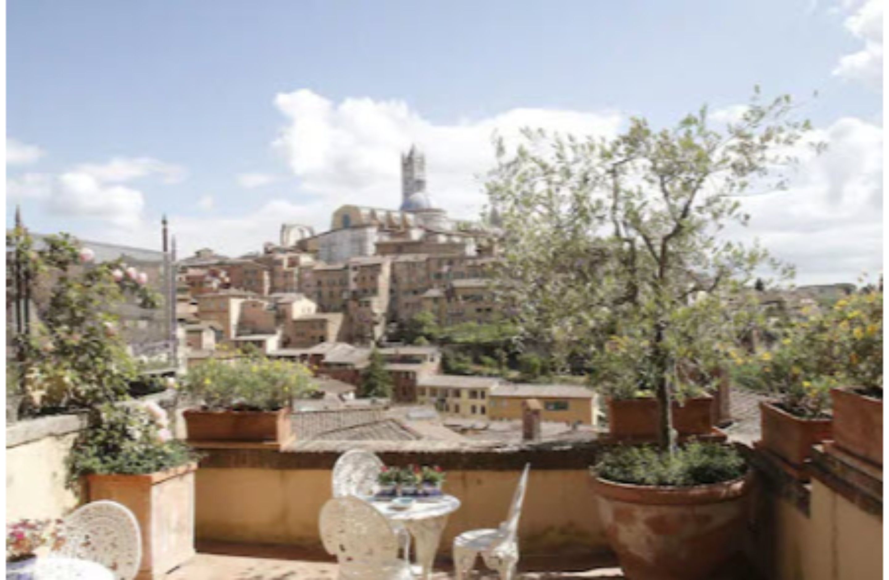A rooftop terrace with potted plants, a table, and chairs.