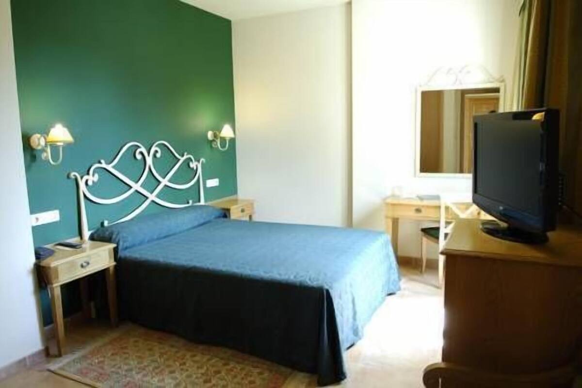 A bedroom with a bed, bedside tables, a desk, a television, and a mirror.
