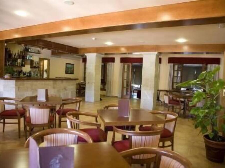 A hotel lobby with multiple wooden tables and chairs, a bar area, and a large potted plant.