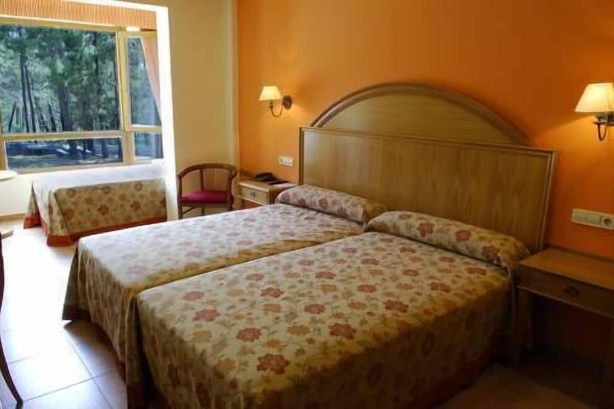 A hotel room with two beds, a wooden headboard, a window with a view of trees, and two bedside lamps.