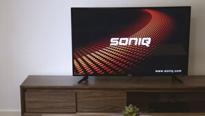 Un salon moderne avec un téléviseur à écran plat posé sur un meuble en bois, une petite plante en pot sur une table basse et un canapé en cuir.