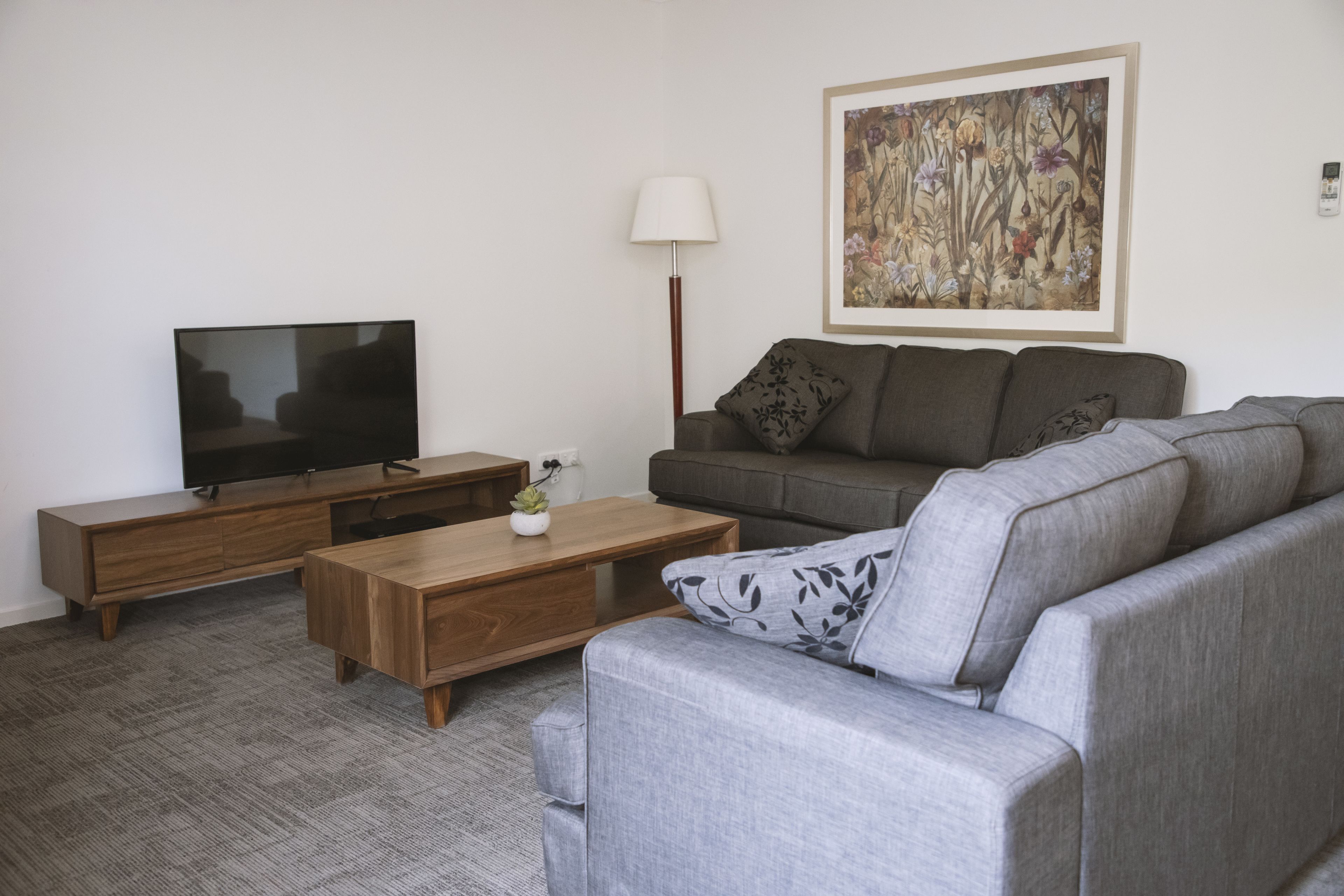 three bedroom apartment | living room | 32-inch flat-screen tv with cable channels, tv, dvd player