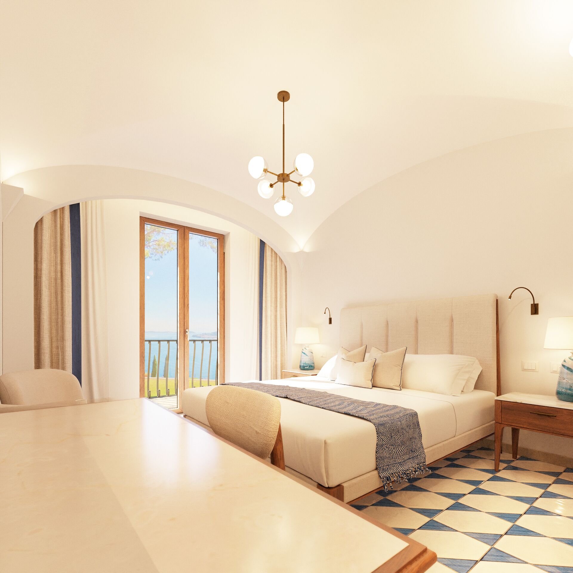 Kamar Deluks, 1 Tempat Tidur King, pemandangan laut | Seprai premium, selimut bulu angsa, minibar, dan brankas