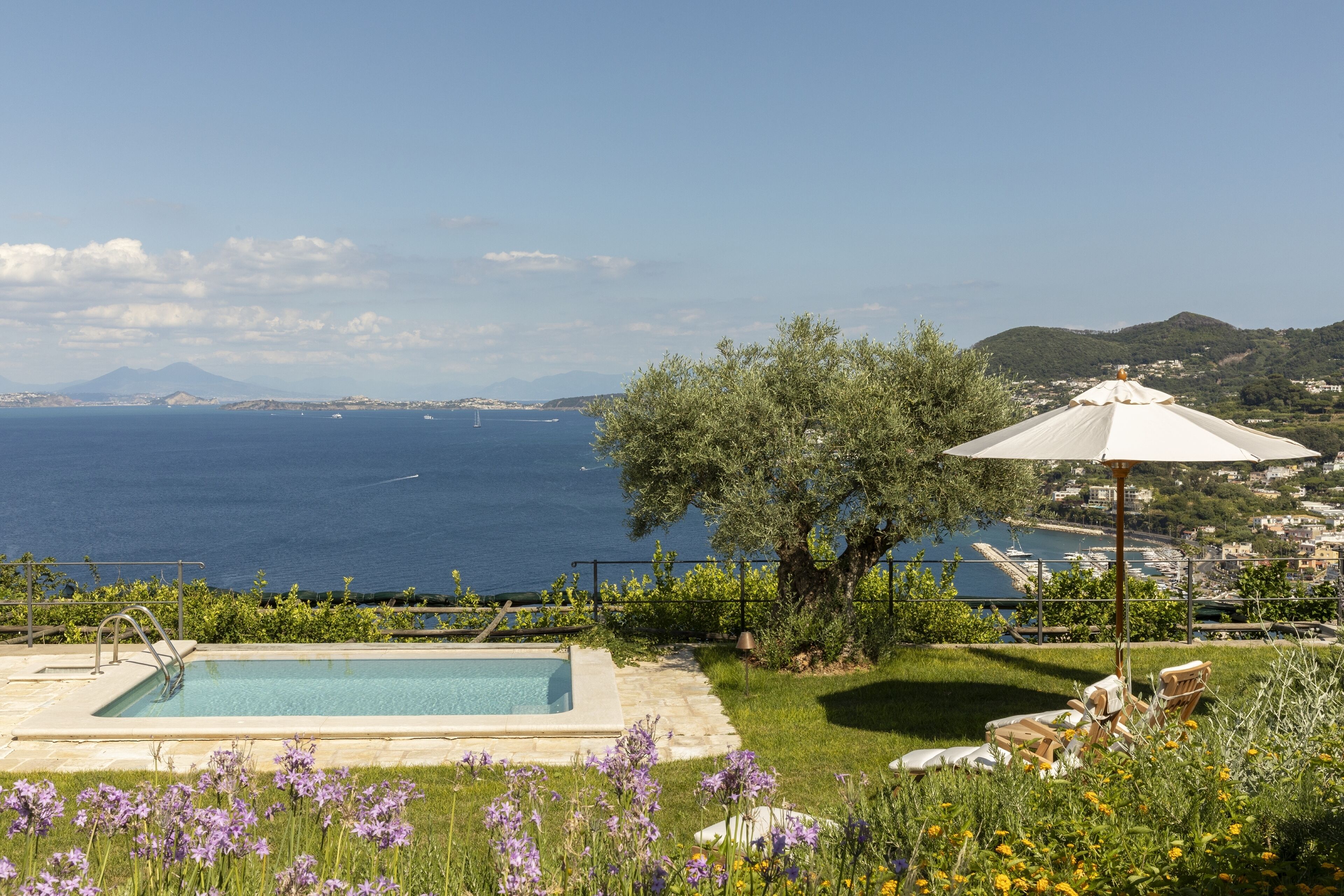 Ein Pool mit Blick auf das Meer und die Berge, umgeben von Grünpflanzen und Blumen.