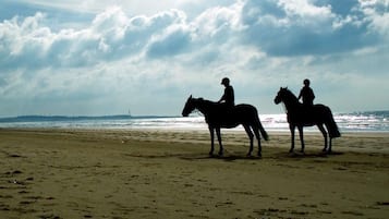 Dos personas montando a caballo en una playa bajo un cielo nublado.