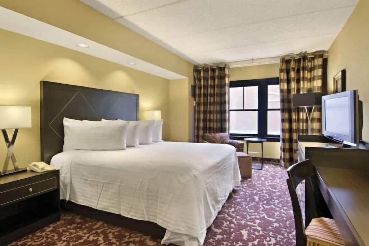 Desk, blackout curtains, iron/ironing board, bed sheets