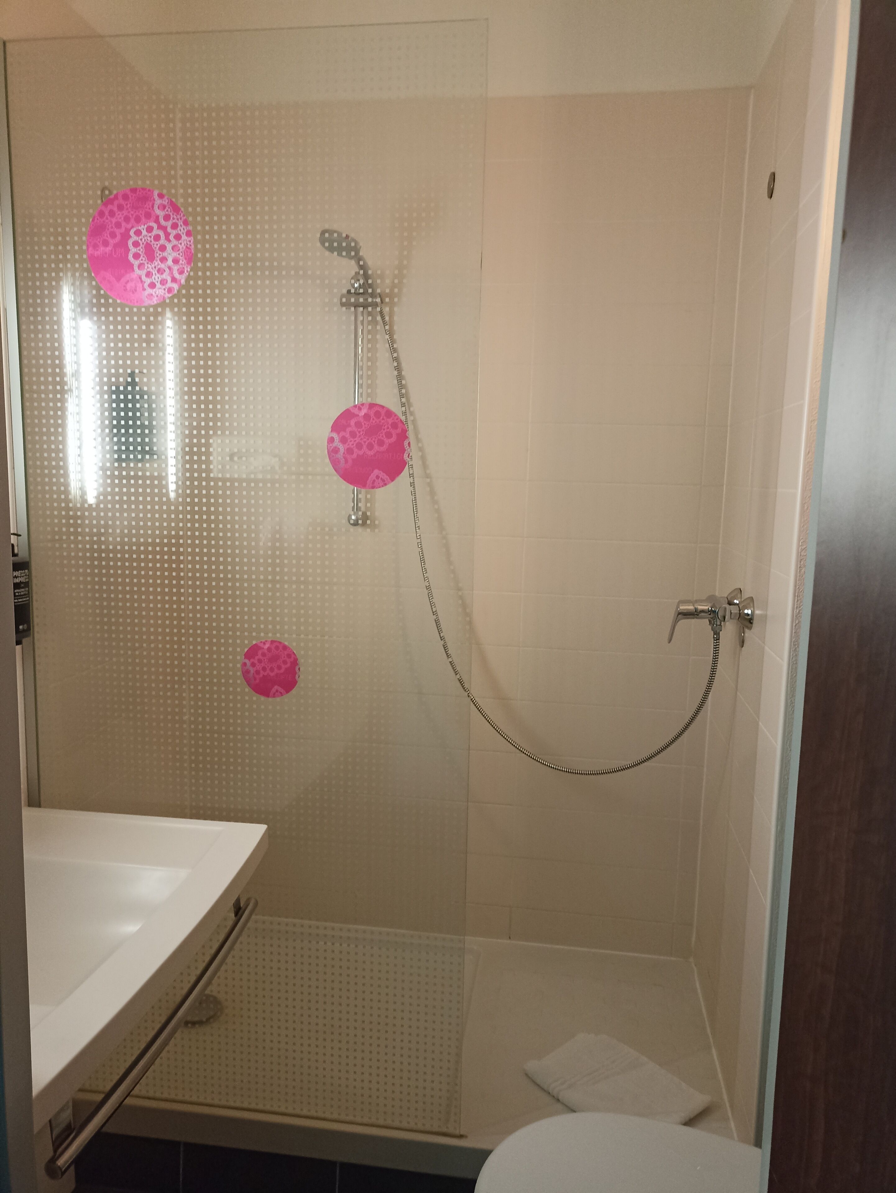 A shower with a glass door, a handheld showerhead, and a wall-mounted faucet.