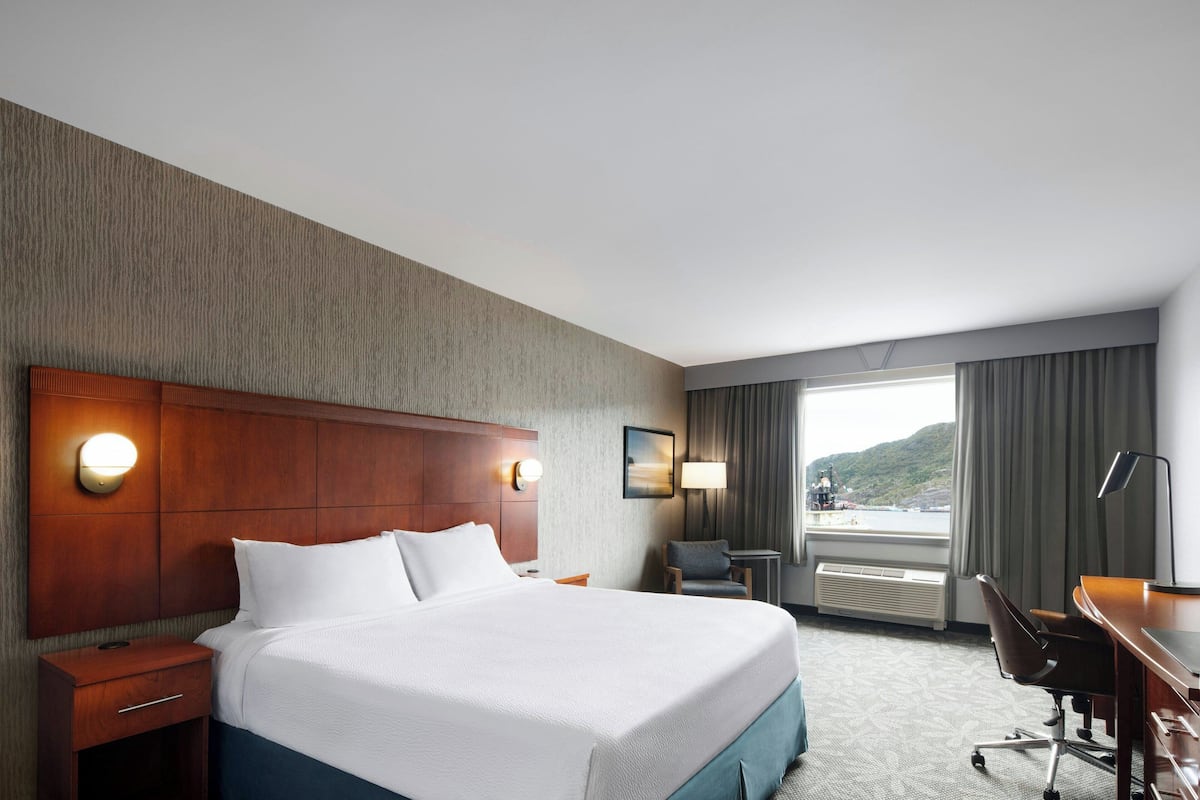 A hotel room with a large bed, a desk, a chair, a nightstand, and a view of the outdoors.