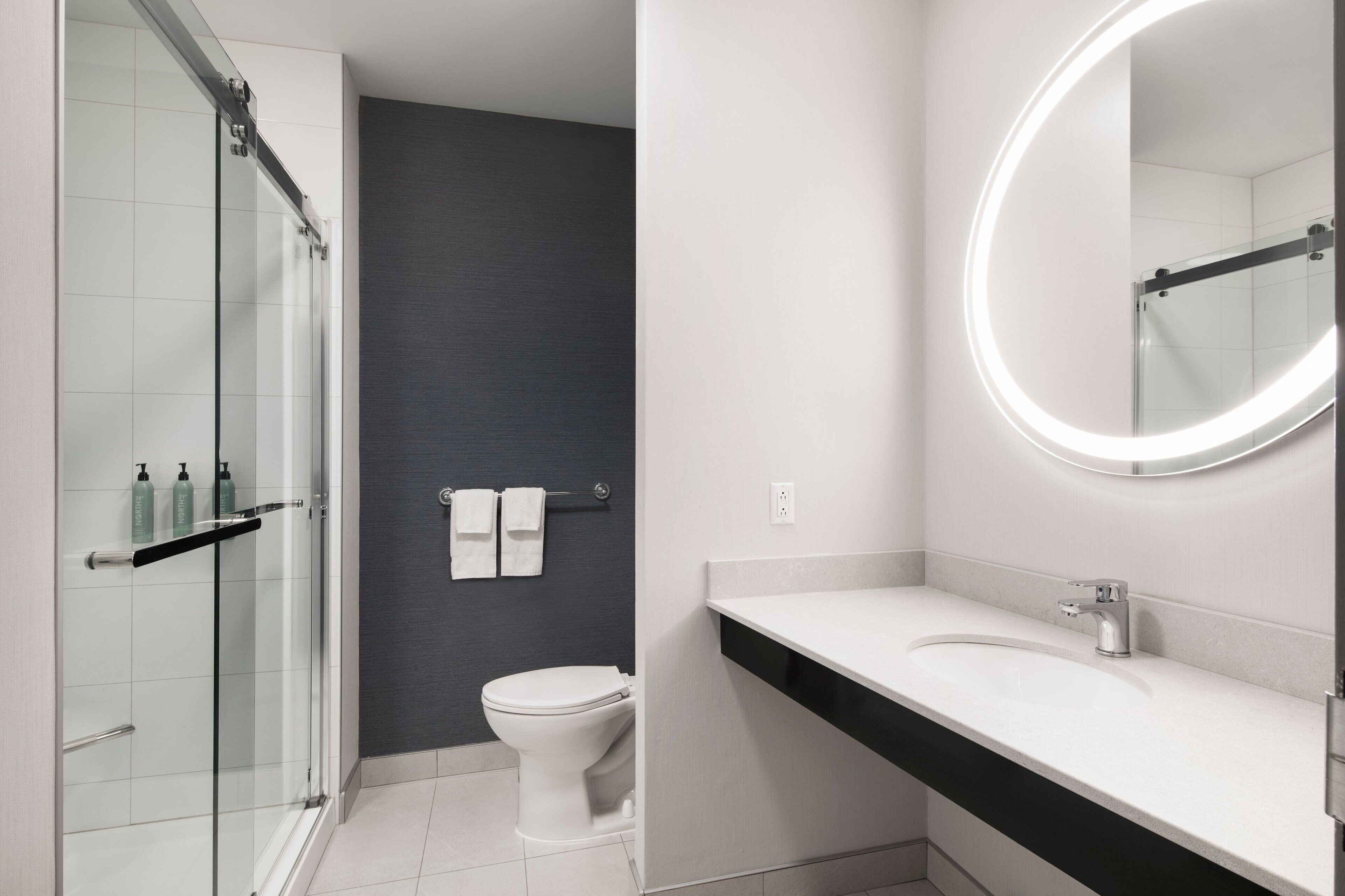 combined shower/bathtub, free toiletries, hair dryer, towels