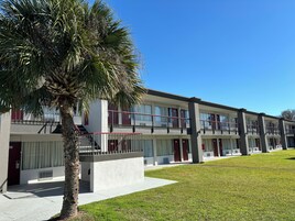 Un hotel de varios pisos con balcones, una palmera y un césped bien cuidado.