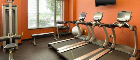 A gym with treadmills, a weight machine, and a bench.