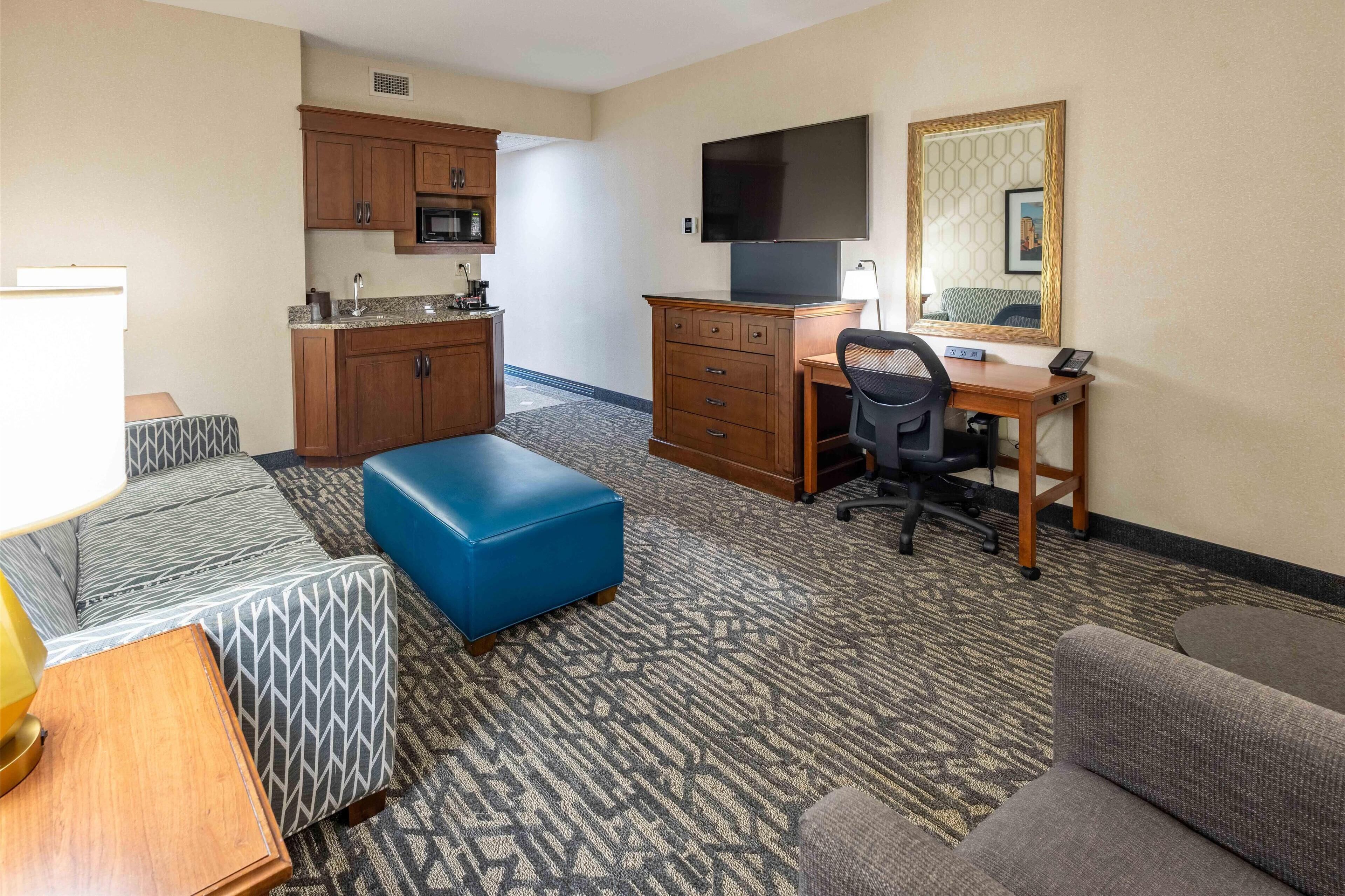 1 bedroom, desk, blackout curtains, iron/ironing board