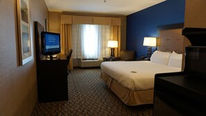 Une chambre d’hôtel équipée d’un lit, d’un bureau avec un ordinateur, d’une chaise, d’une lampe et d’un téléviseur.