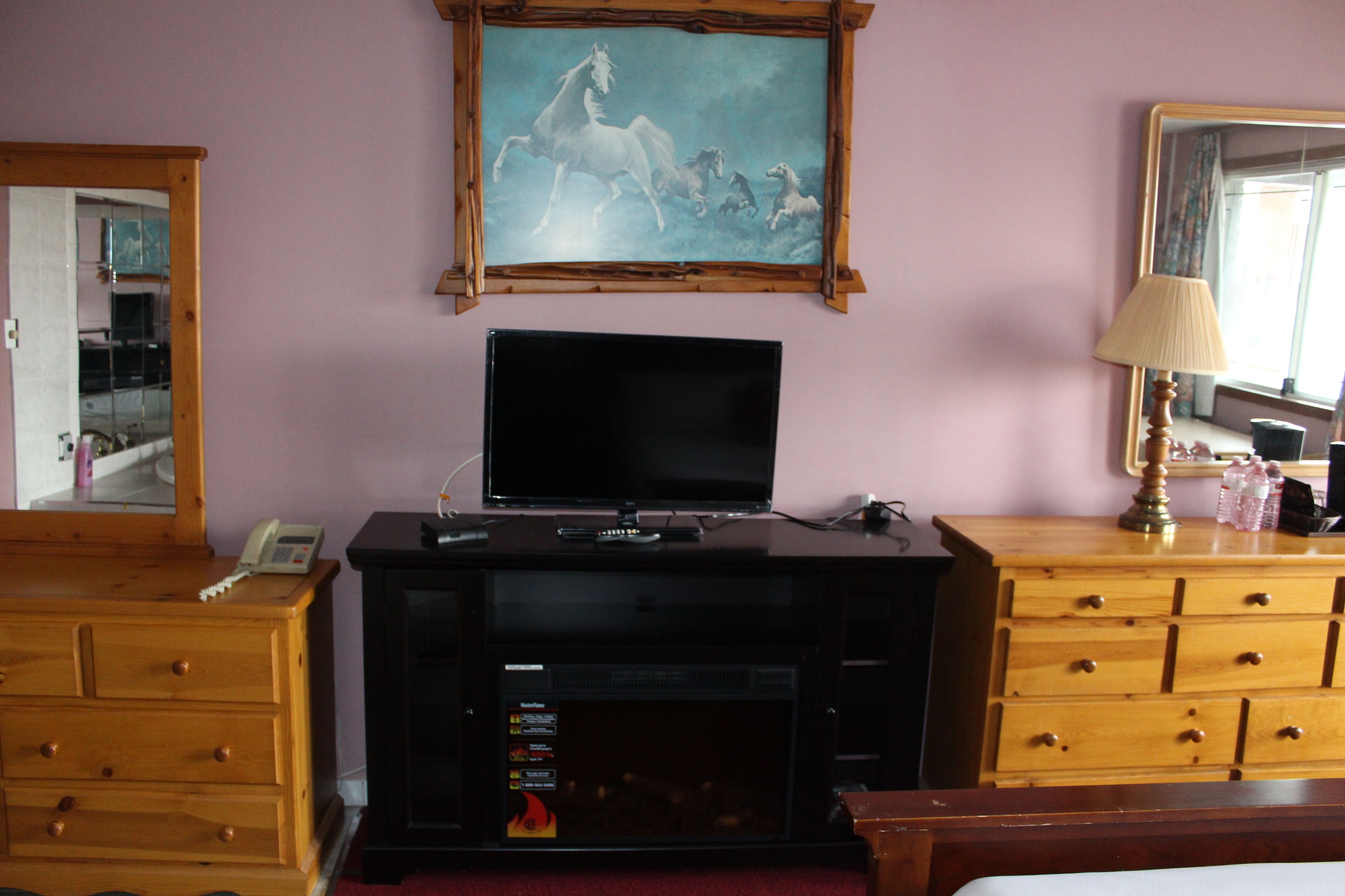 Habitación de hotel con televisión sobre un mueble de madera, un cuadro de caballos en la pared, un aparador de madera y un espejo.