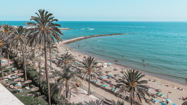 A beach with palm trees, sun loungers, and umbrellas. - Puerto Azul Marbella (Marbella)