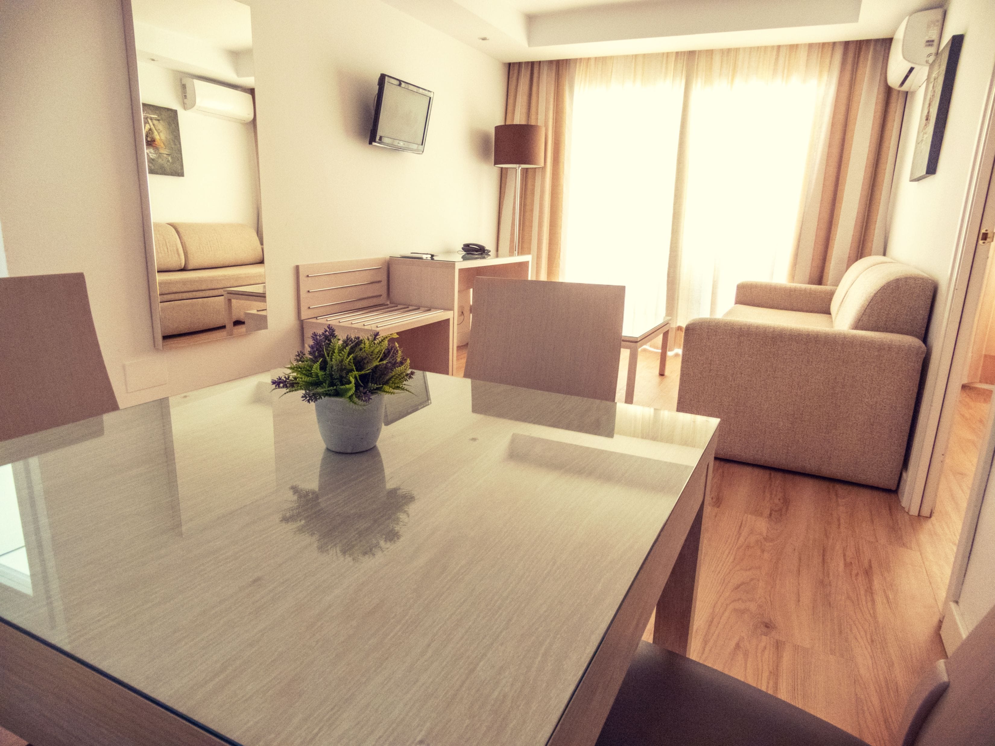 Une chambre d’hôtel moderne avec une table à manger, un canapé, une chaise, une lampe et une plante en pot.