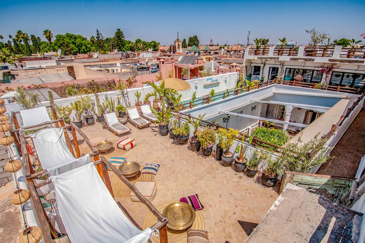 Terraza en la azotea con plantas en macetas, sillones de descanso y una piscina.