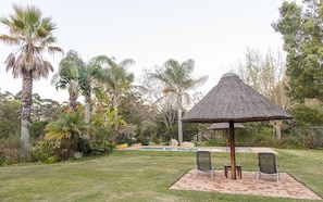 Outdoor pool, pool umbrellas, pool loungers