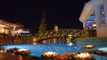 Indoor pool, outdoor pool, pool umbrellas, sun loungers